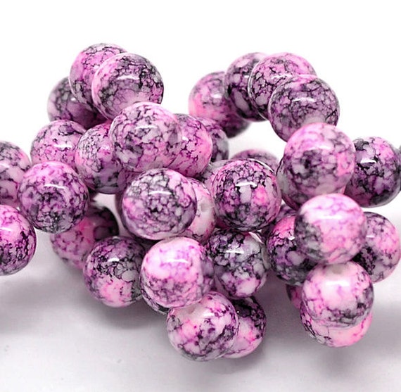 15 Mottled Glass Beads 10mm Tones of Pink and Midnight Black