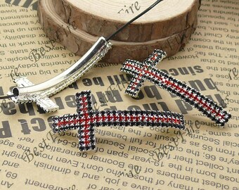 2pcs of 24x52mm Silver tone Sideways Cross black and red Rhinestone Connector,Cross Bracelet Connector,bangle findings