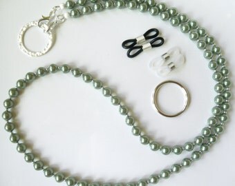 DISCONTINUED Sage Green Pearl Convertible Eyeglass Lanyard Chain Necklace - Glasses Chain - Keychain - Green Pearl Lanyard, ID Badge Lanyard