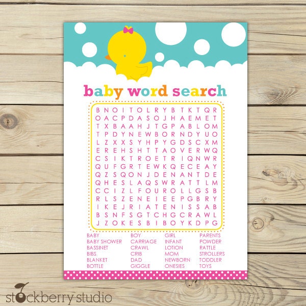 Girl Rubber Ducky Baby Shower Word Search Printable Instant