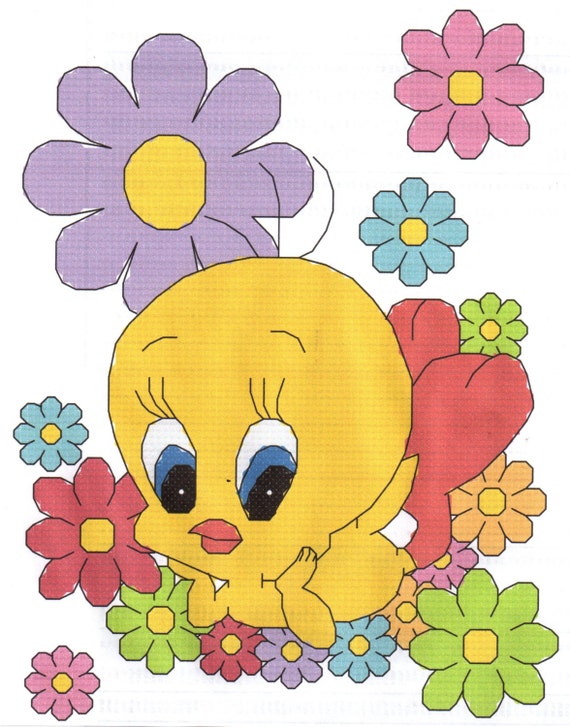 Tweety Bird in Flowers Cross Stitch Pattern by gotttwo on Etsy