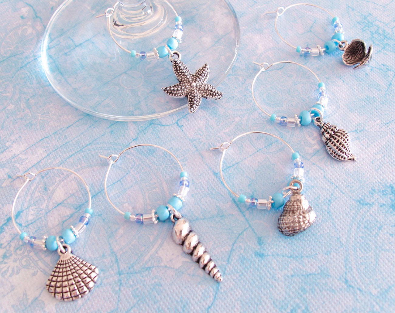 Seashell Wine Charms set of 6 silver shell wine glass charms