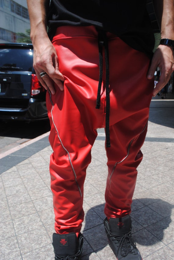 Red Leather Drop Crotch Pants // Zipper Seams // by GAGTHREADS