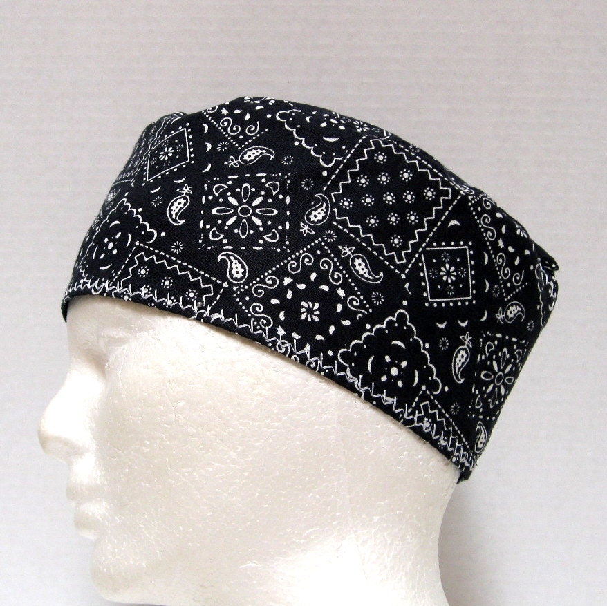 Mens Black Bandana Scrub Hat Medical Cap or Skull Cap