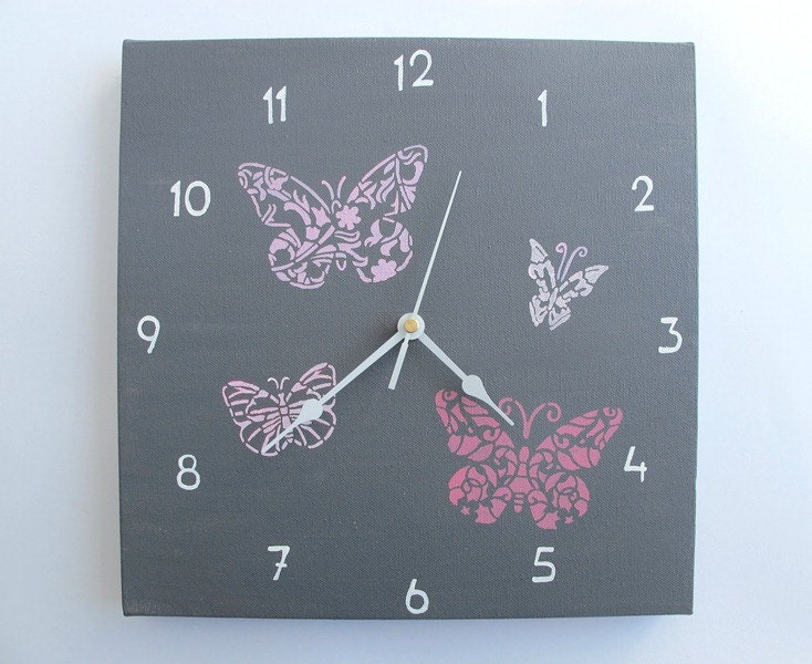 Butterflies Wall clock pink and grey Butterflies clock