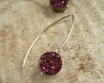 Plum Druzy Earrings Titanium Drusy Quartz 14K Gold Fill