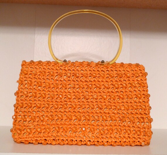 Raffia Beaded Handbag Orange Straw Purse Dena of Dallas Japan