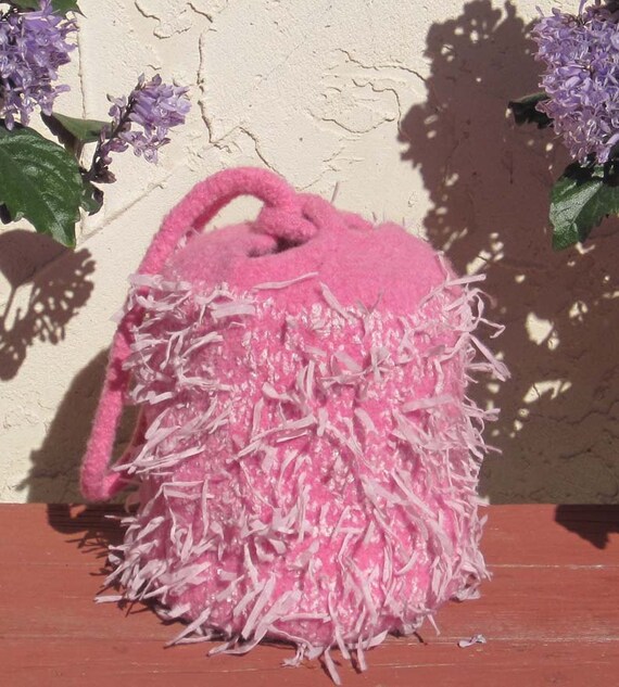 Felted Hand Knit purse  project bag in pink yarn with light pink ...