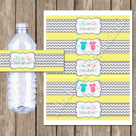 Gender reveal water bottle labels pink blue yellow