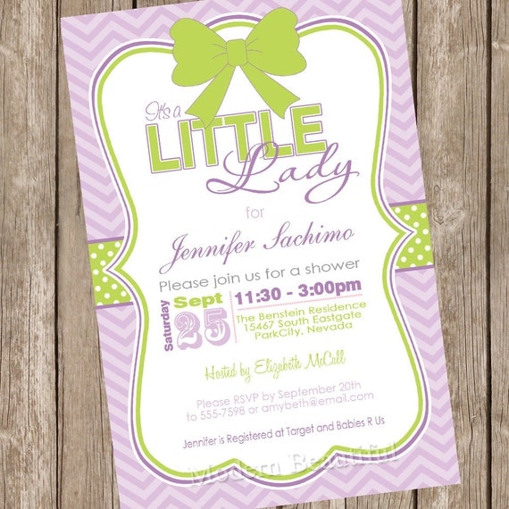 It's a little lady girl baby shower invitation, green, purple, chevron