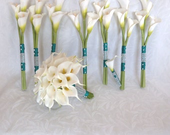 White Calla lily with blue hydrangea wedding bouquet Real
