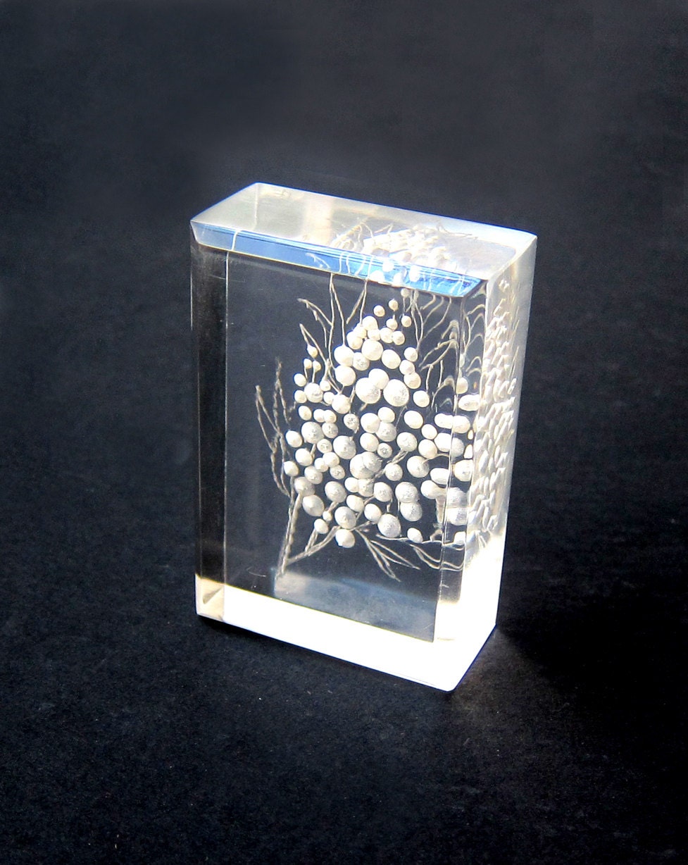ON SALE Clear lucite paperweight hand etched with wattle