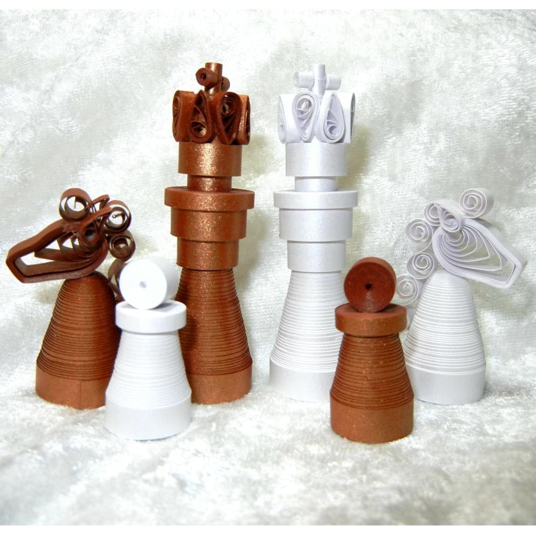 Quilled paper chess set Metallic dark bronze and silvery