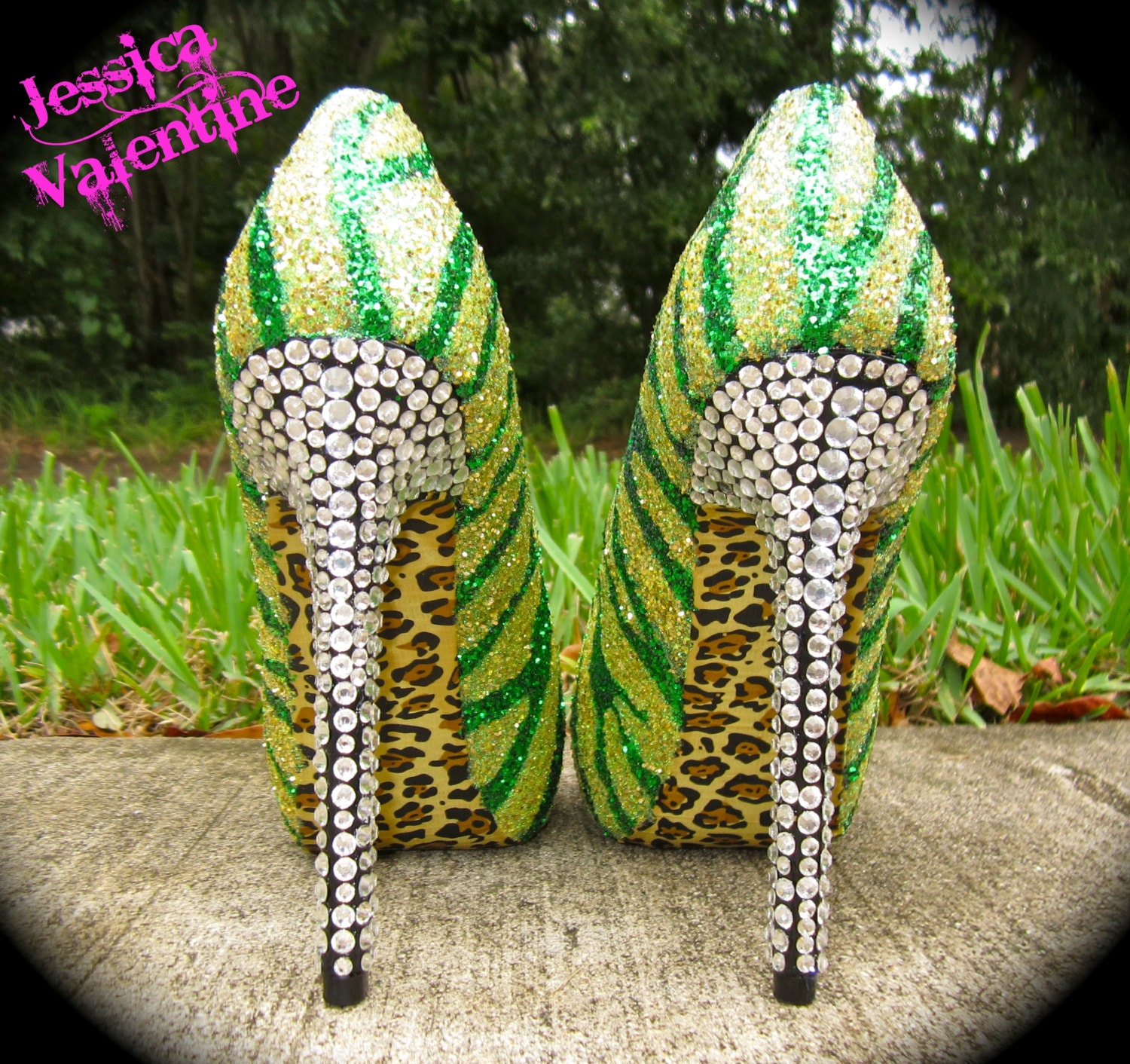Zebra Green & Yellow Glitter Heels by RippedClothing on Etsy