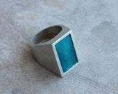 Sterling silver rectangle ring with sea enamel