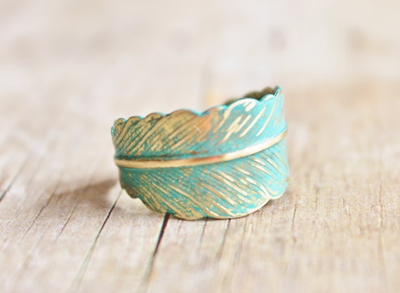 Verdigris Feather Ring - Hand Forged Brass Feather Ring,Shabby Chic,Adjustable,Feather Jewelry,Wrap Ring,Patina,Bridesmaids Jewelry,Woodlan