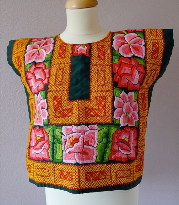 Mexican Embroidered Tehuana huipil Green satin by LivingTextiles