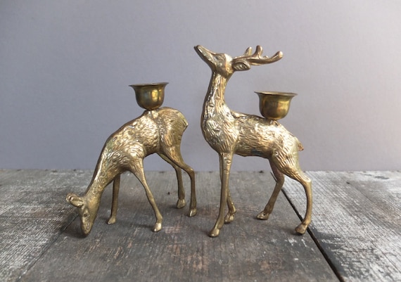 Vintage Brass Deer Candle Holders / Brass Deer Figurines