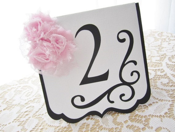 Wedding Table Numbers - "Flourish" in Black and White w/ Pale Pink Blush Chiffon Accents and Pale Pink Lace - Choose Your Colors