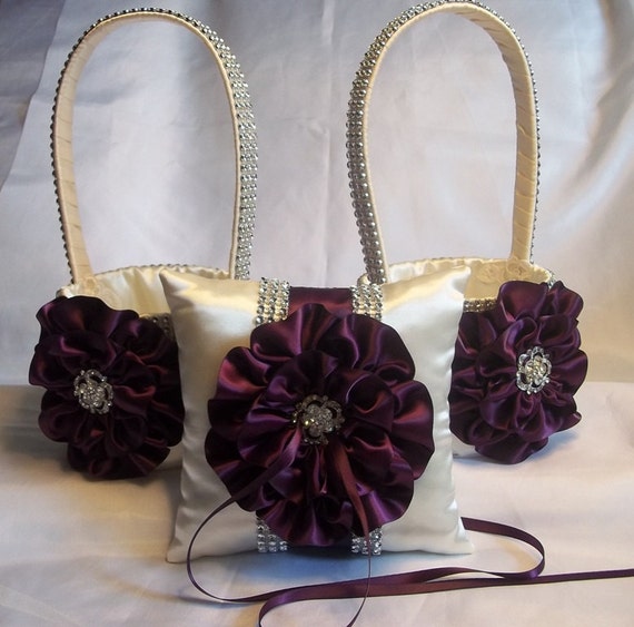 Two Ivory & Eggplant Flower Girl Baskets and matching Ring