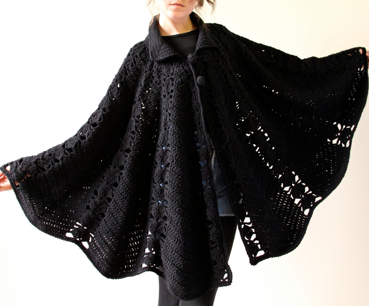 60s Mod Crochet Cape black minimalist boho hippie cloak