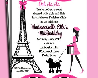 Paris Invitation Printable or Printed with FREE SHIPPING - Eiffel Tower Girl Walking Poodle