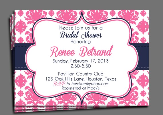 Pink Damask and Navy Invitation Printable or Printed with FREE SHIPPING - Baby, Bridal Shower, Adult Birthday, Anniversary Party Il_570xn