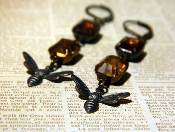 Swarm of Bees - Vintage Light and Dark Brown Topaz Glass Jewels and Blackened Brass Bee Dangle Earrings