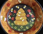 Primitive Folk Art Bees and Tulips Wood Bowl - MADE TO ORDER - Bees. Bee Skep, Red Tulips, Yellow Flowers Hand Painted