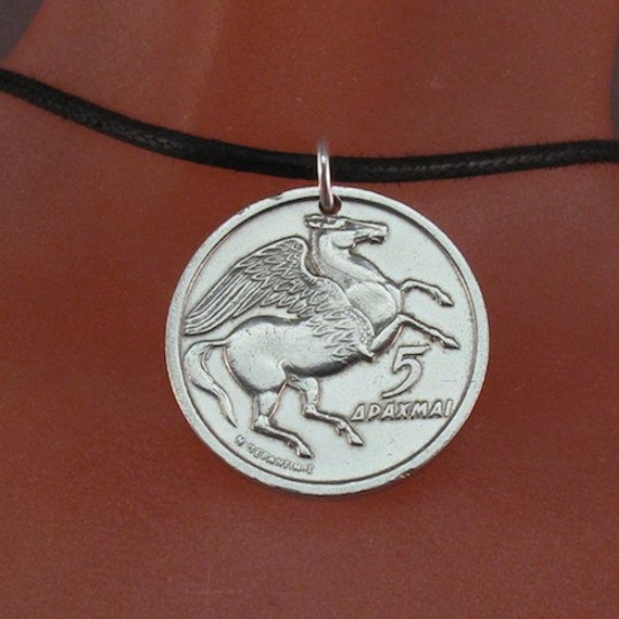 pegasus necklace GREEK COIN pendant Greece. winged by PartsForYou