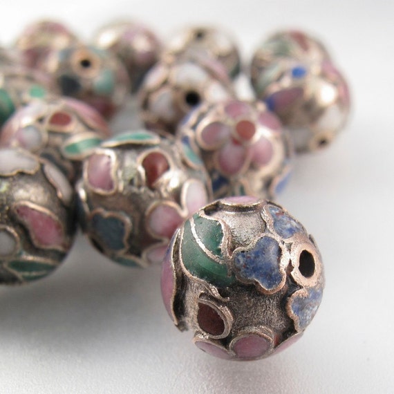 vintage silver CLOISONNE BEADS. 26 chinese cloisonne. enamel