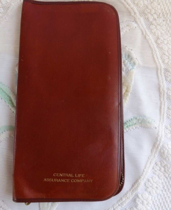 Vintage Leather Document Holder Zipper Closure Plastic Storage