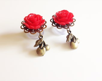 Sold In Pairs Red Rose Plugs Dangle Gauges 1/2", 9/16", 7/16" 11mm 000g Ear Gauges Cherry Plugs Body Jewelry, 23 Colors Dangle Plugs