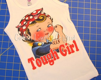 tank tee shirt one piece body suit tshirt Vintage inspired childrens tshirt Tough Girl Rosie the riveter..