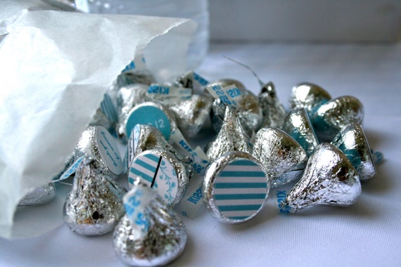 Teal Blue Damask and Stripes Hershey Kiss Stickers- Print your own Il_570xn