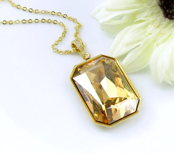 Gold Necklace Swarovski Crystal Emerald Cut by BeYourselfJewelry