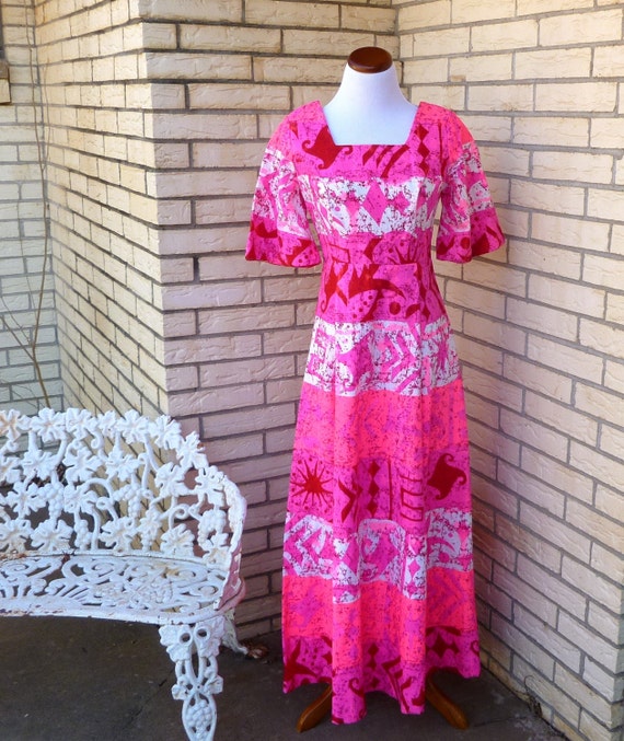 1970's Hawaiian Dress Pink Tropical Maxi by evelynrosevintage
