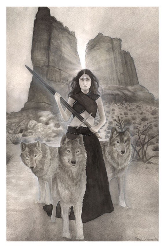 Wolves - Original Wolf and Warrior Woman Art - Ink Painting in black and white