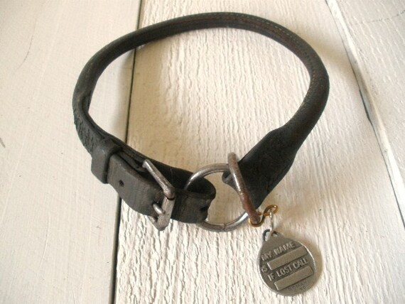 Vintage dog collar leather silver St Frances medal