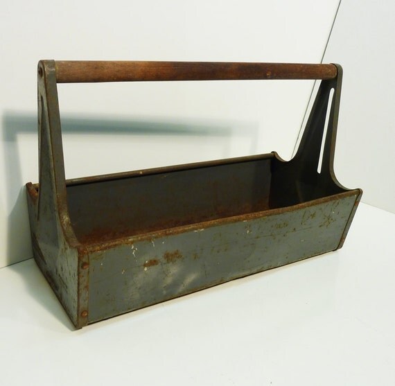 rusty metal craftsman early tool carrier grey metal wood