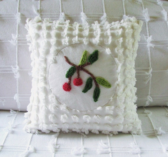 Vintage chenille pillow cover 14 X 14 TWO CHERRIES red cushion cover cottage chic