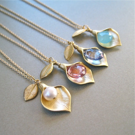 Gold Lily Flower & Gemstone Necklace by tangerinejewelryshop