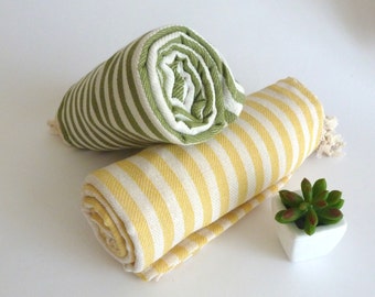 SALE For Mothers day, Gift Set of 2 Turkish Bath Towel: Handwoven Peshtemal, Bath and Beauty, Beach, Spa Towel, Gift Set, Yellow and Green