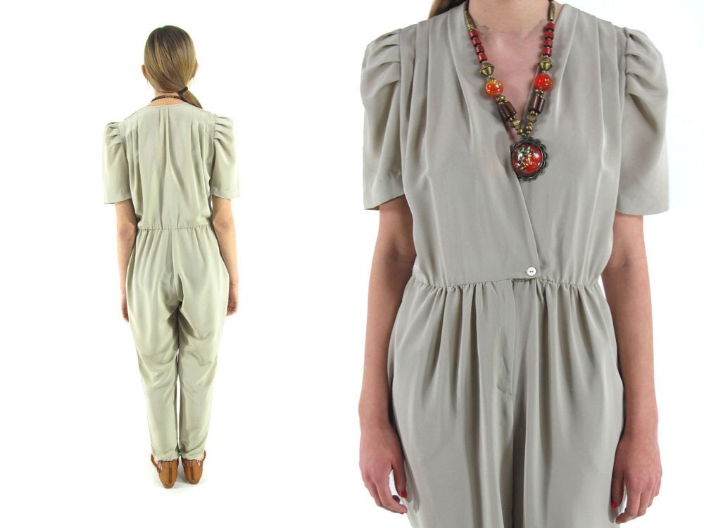 Vintage 1980s Tan Silky Pant Suit / 80s Pant Suit / Jumper