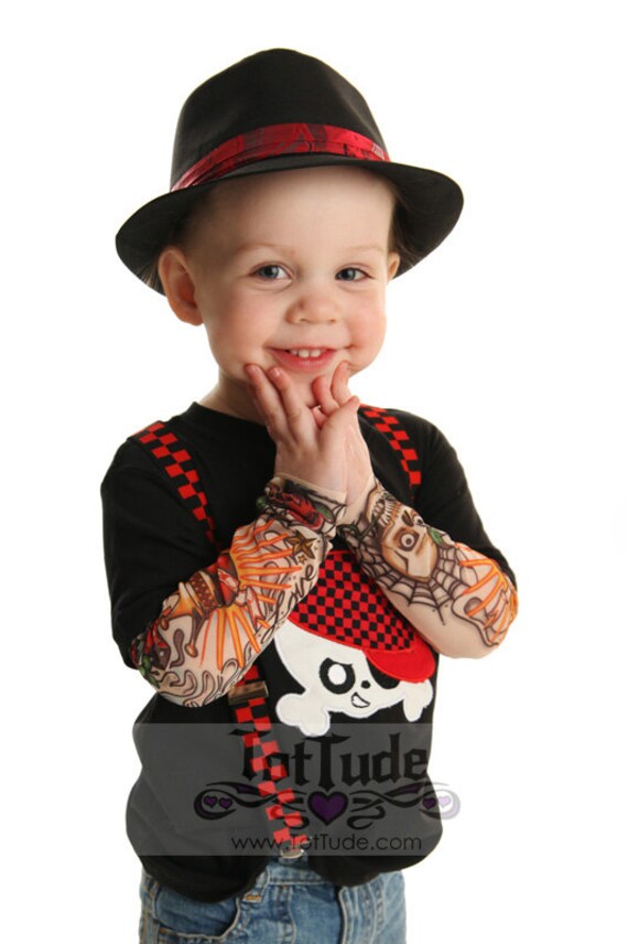 Fake Tattoo Sleeve Shirt with Cool Skull embroidery applique