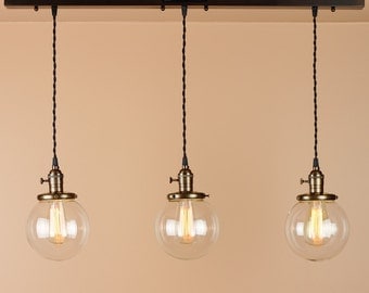 Chandelier Lighting - Linear Pendant Lights - Lighting w/ Clear Glass Globes, Edison Light Bulbs - Satin Nickel or Oil Rubbed Bronze