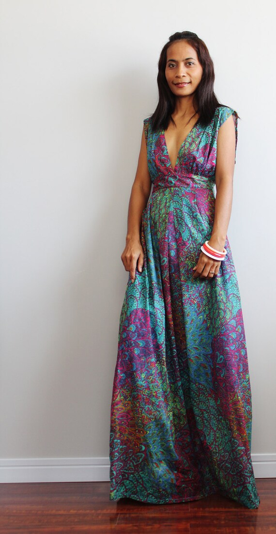 Peacock Maxi Dress Boho Sexy Plunging V-neck Long Evening