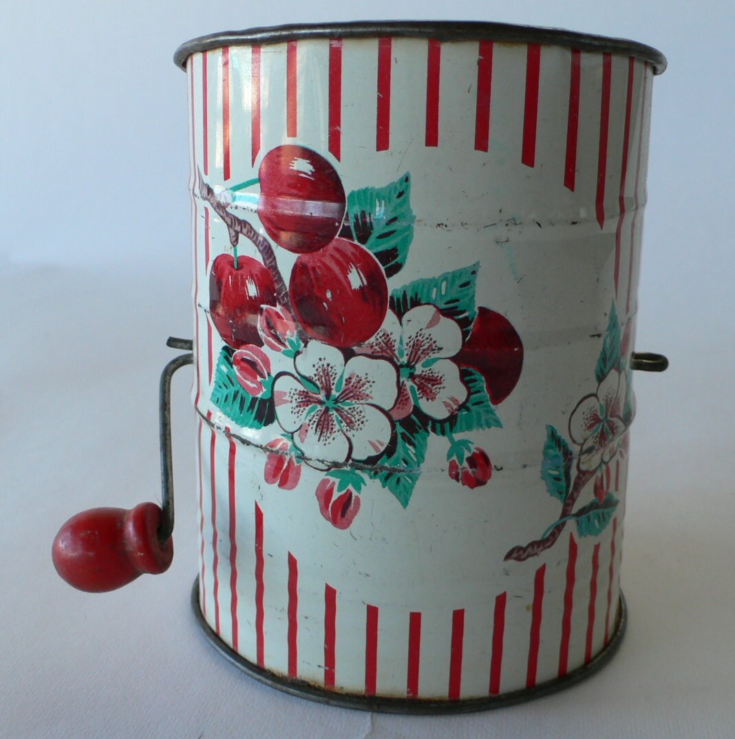 vintage flour sifter painted with cherries farmhouse kitchen
