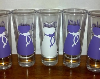 13 Personalized SHOT GLASSES with DRESS for Bride Bridesmaids Bachelorette Bridal Party with Name Wedding Date