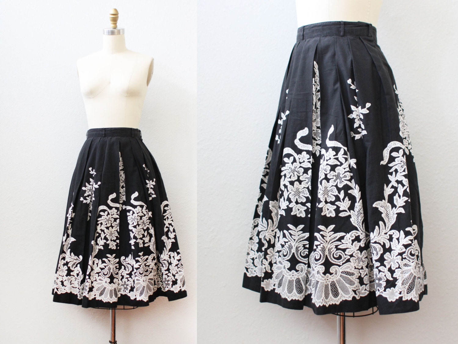 1950s skirt / LACE PRINT / Black Cotton Pleated by LantanaVintage